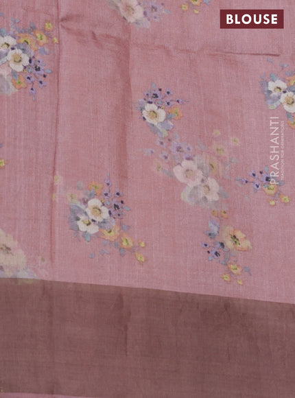 Pure tussar silk saree pastel pink with floral digital prints and zari woven border