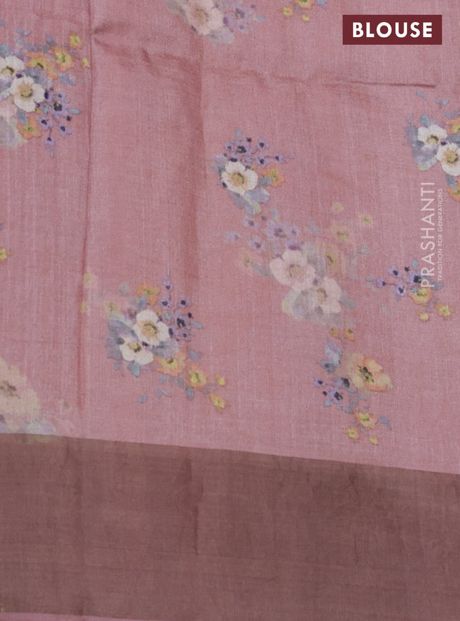 Pure tussar silk saree pastel pink with floral digital prints and zari woven border