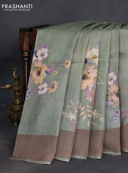 Pure tussar silk saree pastel green with floral digital prints and zari woven border