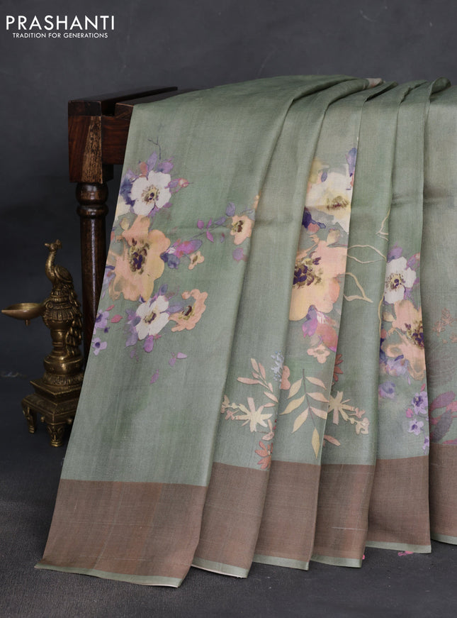 Pure tussar silk saree pastel green with floral digital prints and zari woven border
