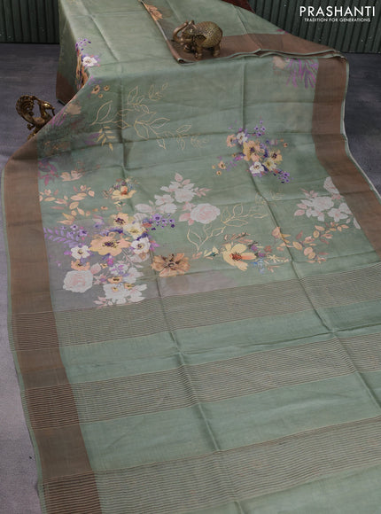 Pure tussar silk saree pastel green with floral digital prints and zari woven border