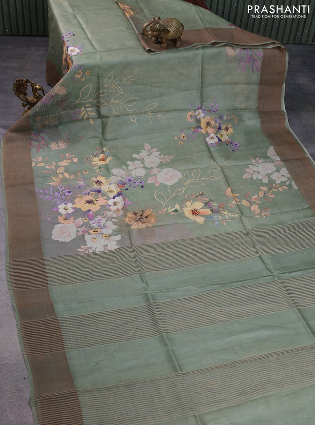 Pure tussar silk saree pastel green with floral digital prints and zari woven border