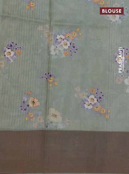Pure tussar silk saree pastel green with floral digital prints and zari woven border