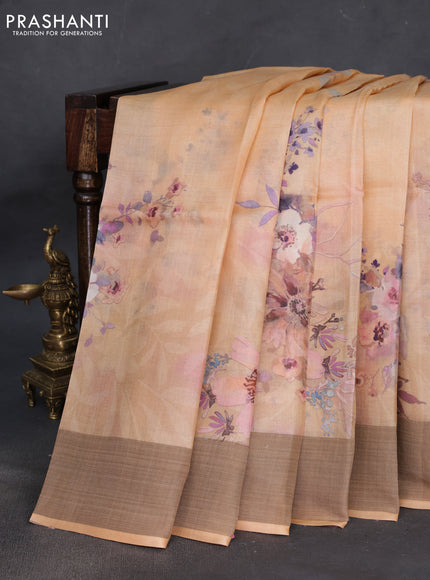 Pure tussar silk saree pale orange with floral digital prints and zari woven border