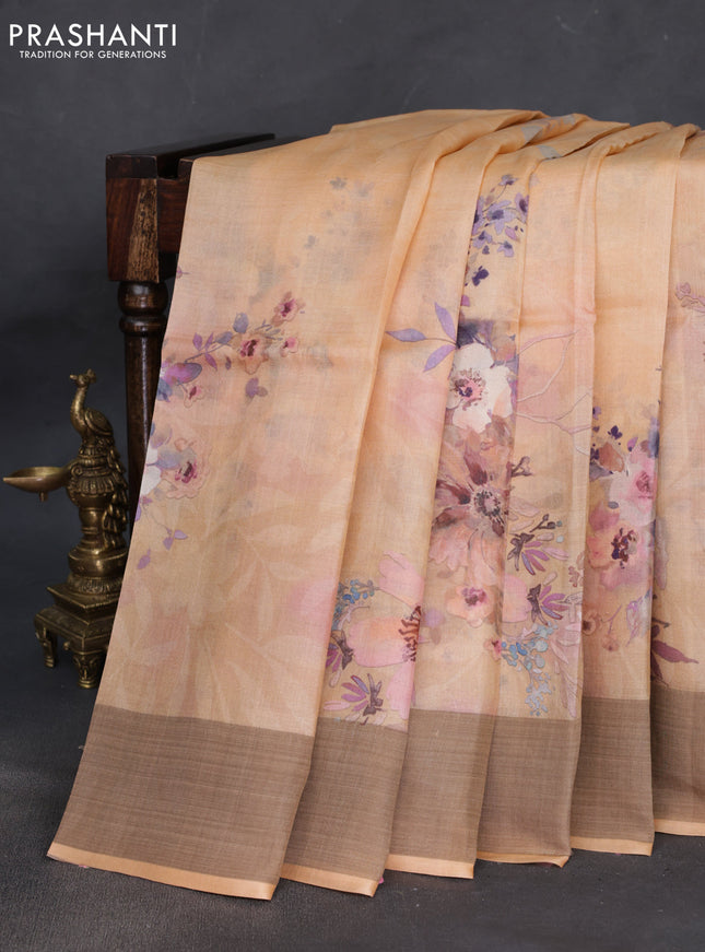 Pure tussar silk saree pale orange with floral digital prints and zari woven border