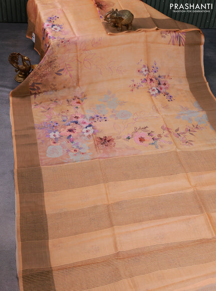 Pure tussar silk saree pale orange with floral digital prints and zari woven border