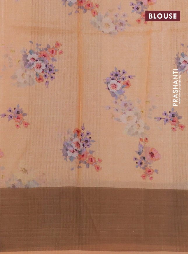Pure tussar silk saree pale orange with floral digital prints and zari woven border