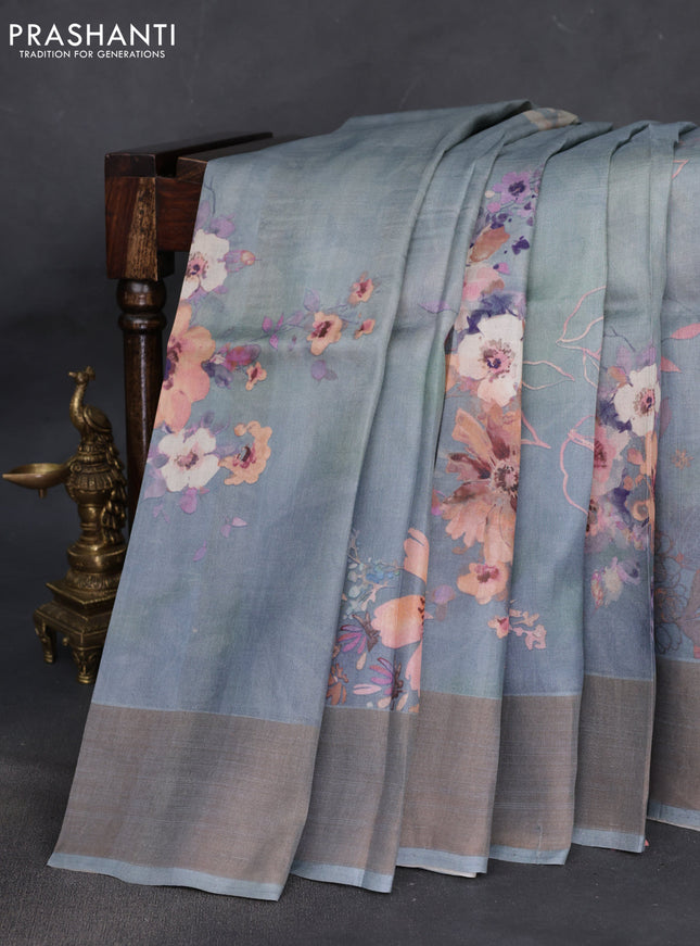 Pure tussar silk saree bluish grey with floral digital prints and zari woven border