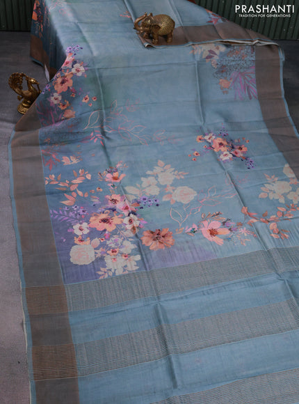 Pure tussar silk saree bluish grey with floral digital prints and zari woven border