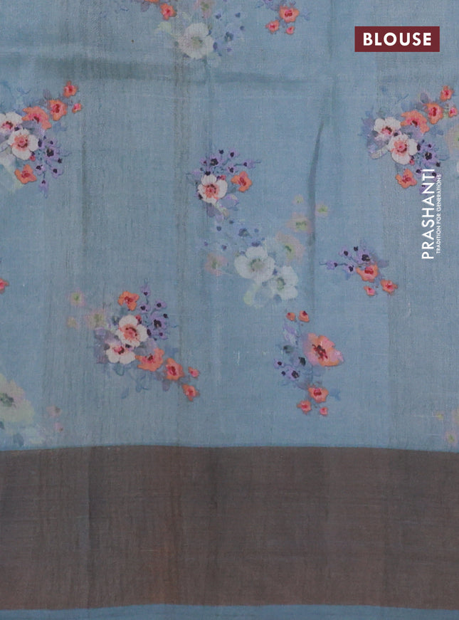 Pure tussar silk saree bluish grey with floral digital prints and zari woven border