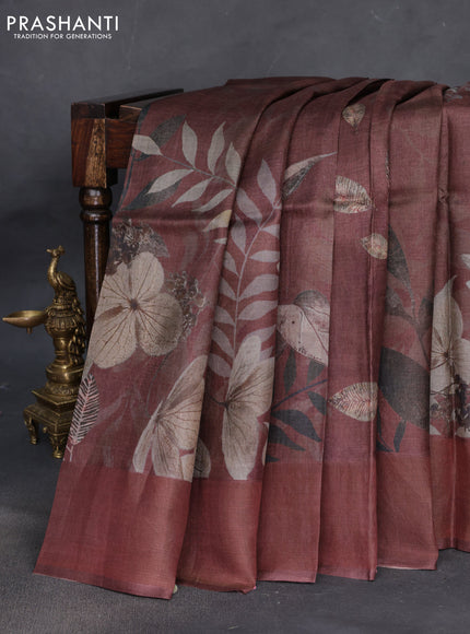 Pure tussar silk saree maroon shade with digital prints and zari woven border