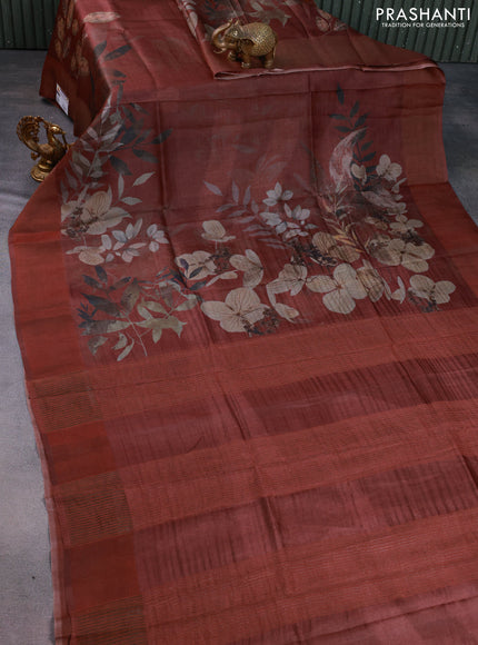 Pure tussar silk saree maroon shade with digital prints and zari woven border