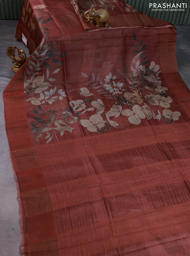 Pure tussar silk saree maroon shade with digital prints and zari woven border