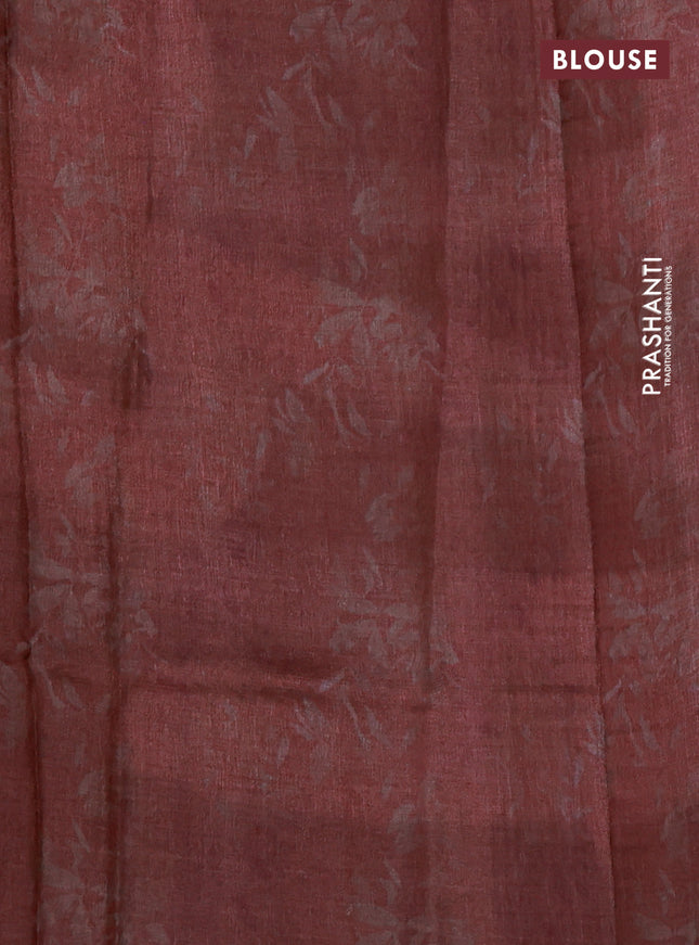 Pure tussar silk saree maroon shade with digital prints and zari woven border