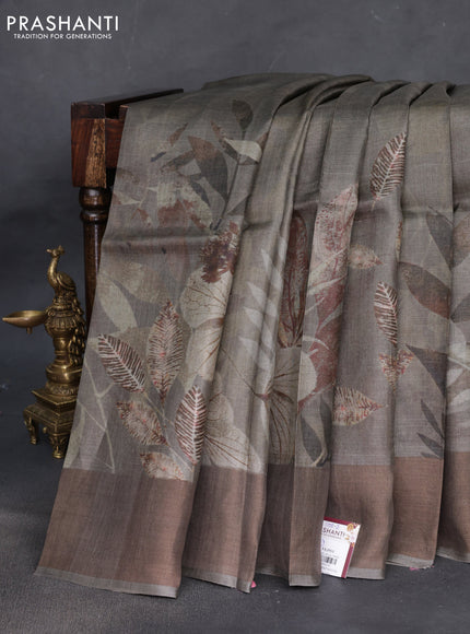 Pure tussar silk saree dark grey with digital prints and zari woven border