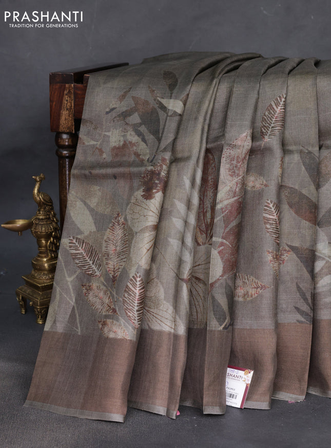 Pure tussar silk saree dark grey with digital prints and zari woven border