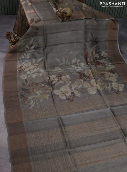 Pure tussar silk saree dark grey with digital prints and zari woven border