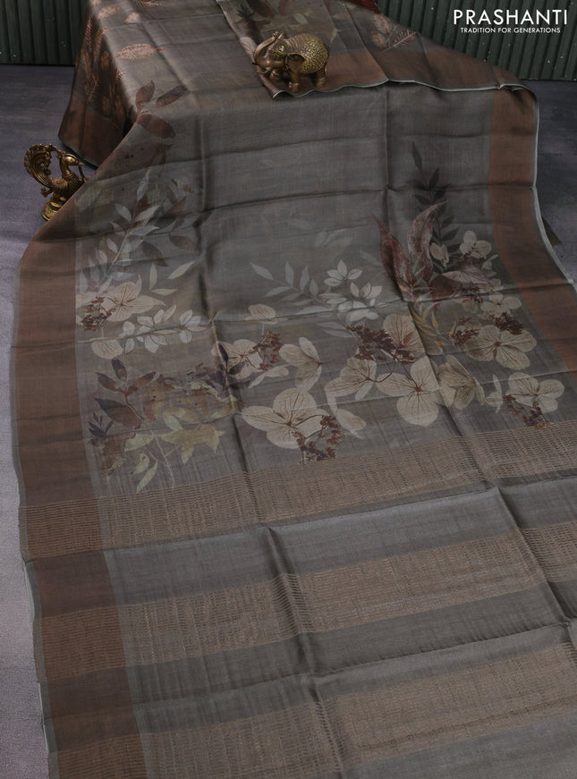 Pure tussar silk saree dark grey with digital prints and zari woven border
