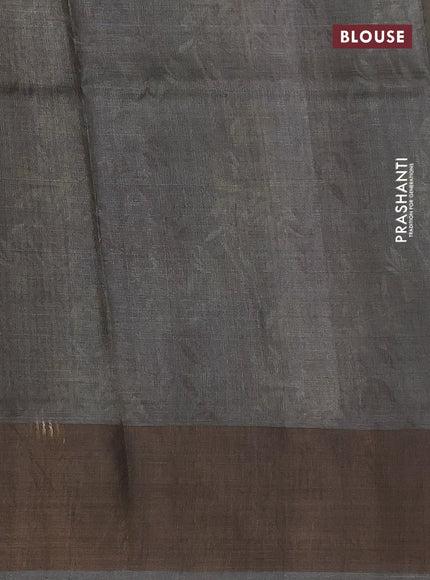 Pure tussar silk saree dark grey with digital prints and zari woven border