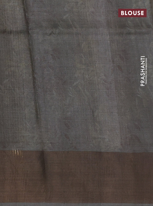 Pure tussar silk saree dark grey with digital prints and zari woven border