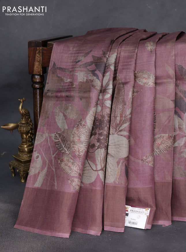 Pure tussar silk saree wine shade with digital prints and zari woven border