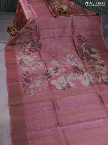 Pure tussar silk saree wine shade with digital prints and zari woven border