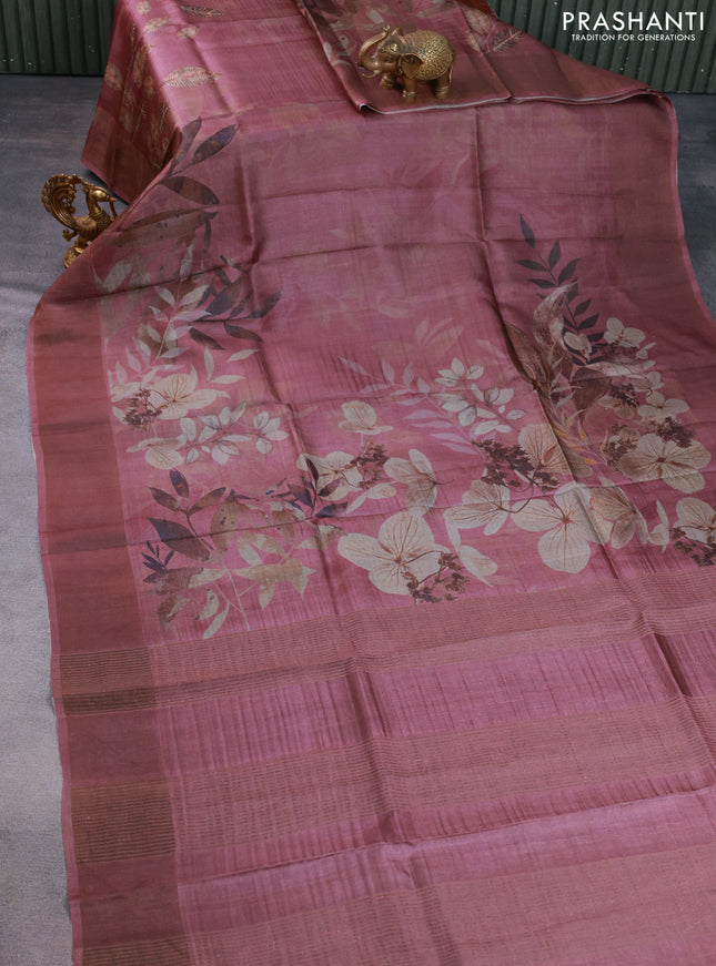 Pure tussar silk saree wine shade with digital prints and zari woven border