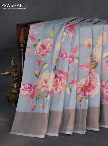 Pure tussar silk saree grey with floral digital prints and zari woven border