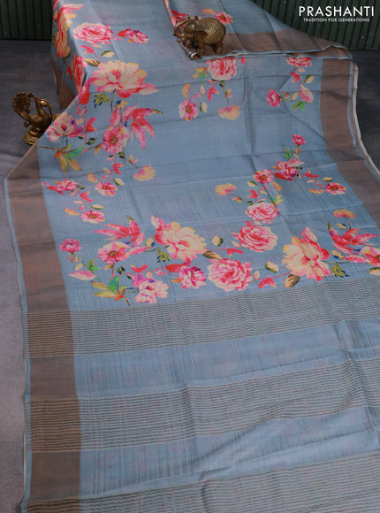 Pure tussar silk saree grey with floral digital prints and zari woven border