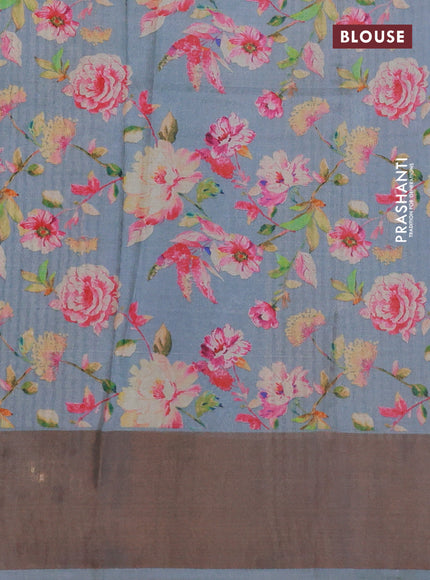 Pure tussar silk saree grey with floral digital prints and zari woven border