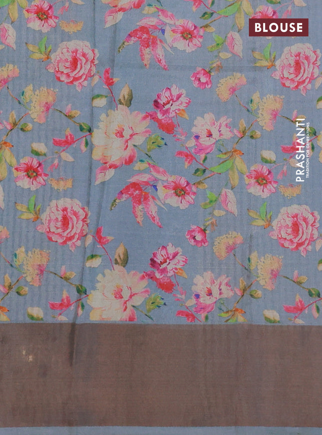 Pure tussar silk saree grey with floral digital prints and zari woven border