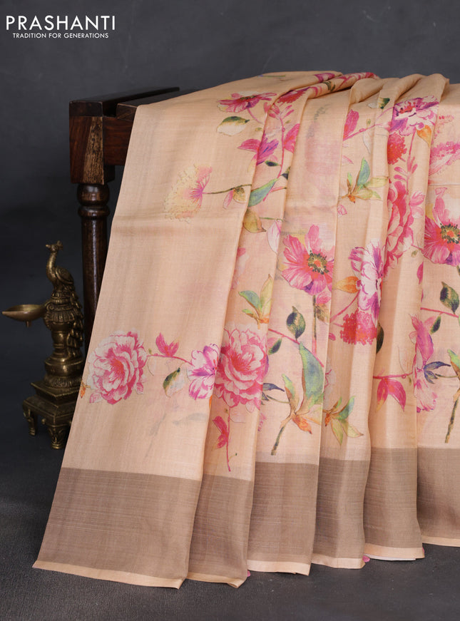 Pure tussar silk saree pale orange with floral digital prints and zari woven border
