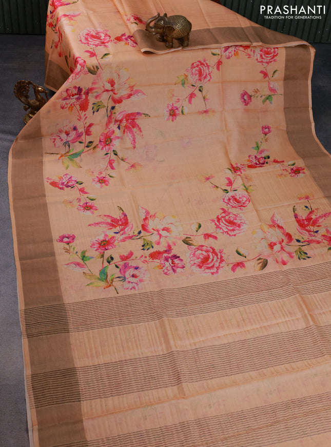 Pure tussar silk saree pale orange with floral digital prints and zari woven border