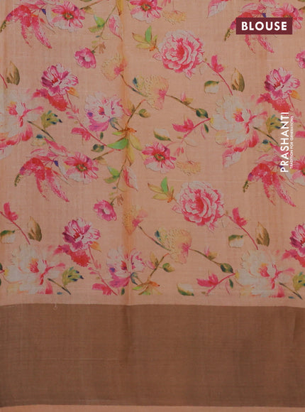 Pure tussar silk saree pale orange with floral digital prints and zari woven border