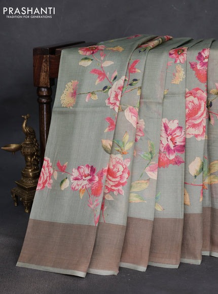 Pure tussar silk saree pastel green with floral digital prints and zari woven border