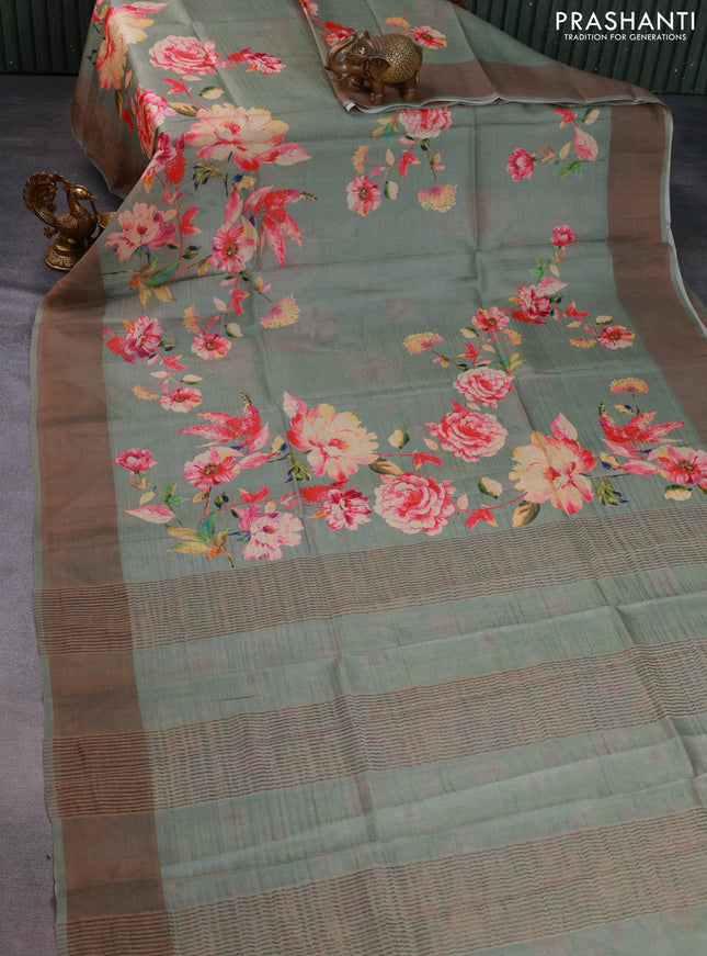 Pure tussar silk saree pastel green with floral digital prints and zari woven border