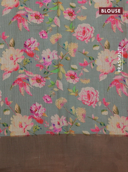 Pure tussar silk saree pastel green with floral digital prints and zari woven border