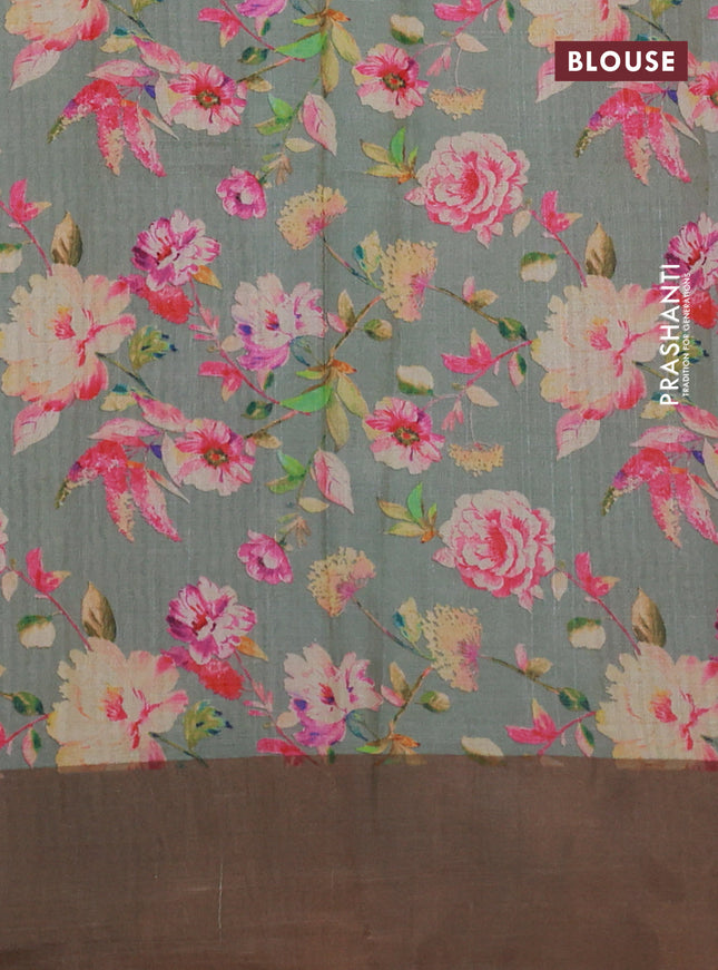 Pure tussar silk saree pastel green with floral digital prints and zari woven border