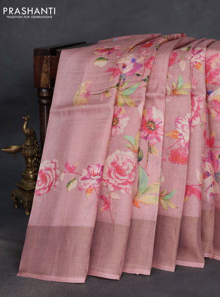 Pure tussar silk saree pastel pink with floral digital prints and zari woven border