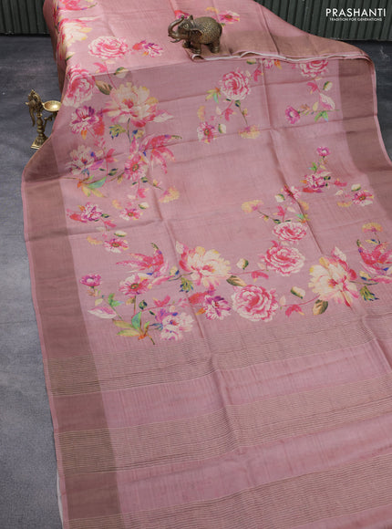 Pure tussar silk saree pastel pink with floral digital prints and zari woven border