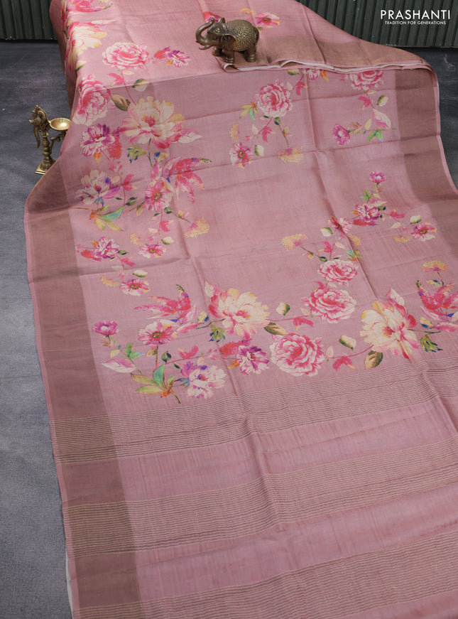 Pure tussar silk saree pastel pink with floral digital prints and zari woven border