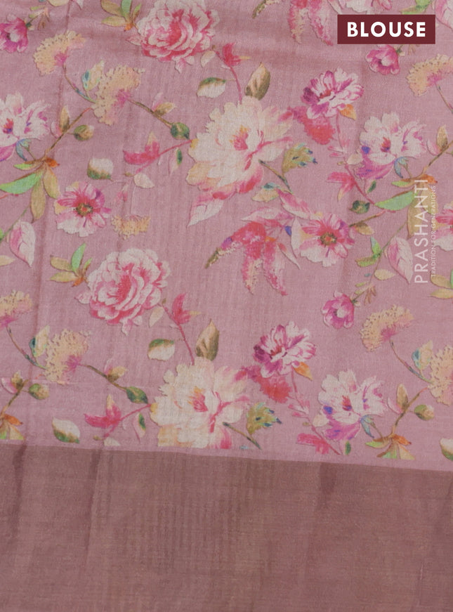 Pure tussar silk saree pastel pink with floral digital prints and zari woven border