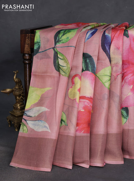 Pure tussar silk saree pastel pink with floral digital prints and zari woven border