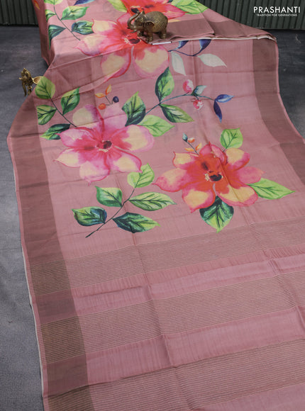 Pure tussar silk saree pastel pink with floral digital prints and zari woven border