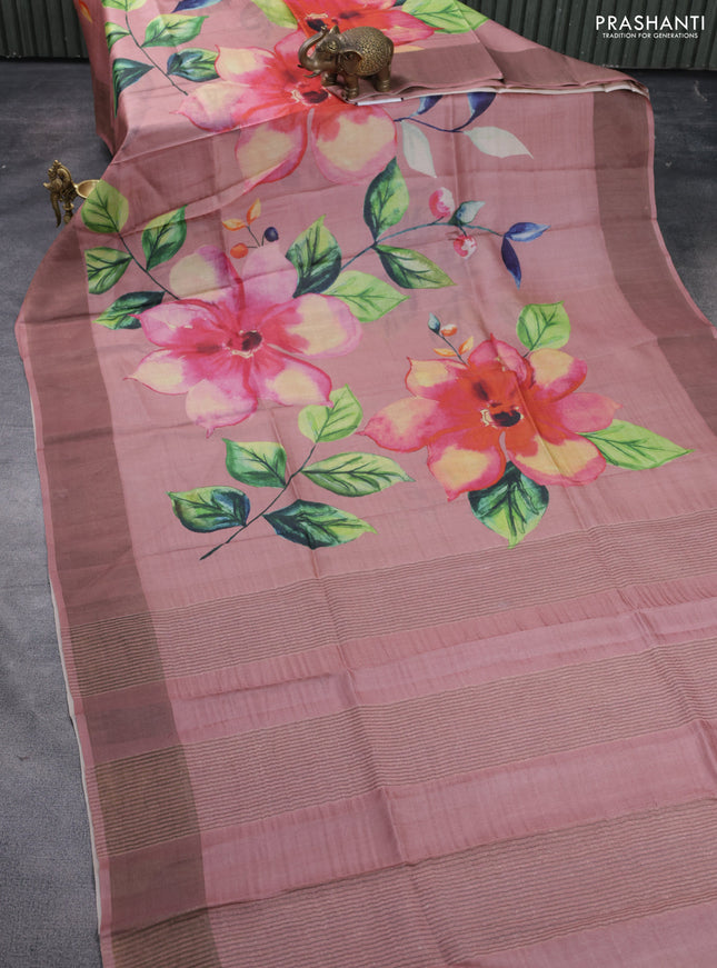 Pure tussar silk saree pastel pink with floral digital prints and zari woven border