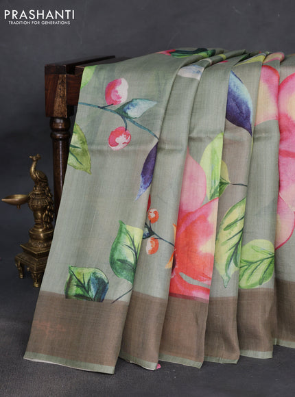 Pure tussar silk saree pastel green with floral digital prints and zari woven border