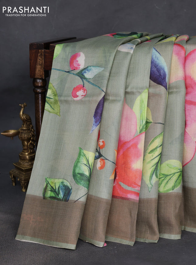 Pure tussar silk saree pastel green with floral digital prints and zari woven border