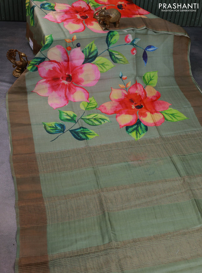 Pure tussar silk saree pastel green with floral digital prints and zari woven border