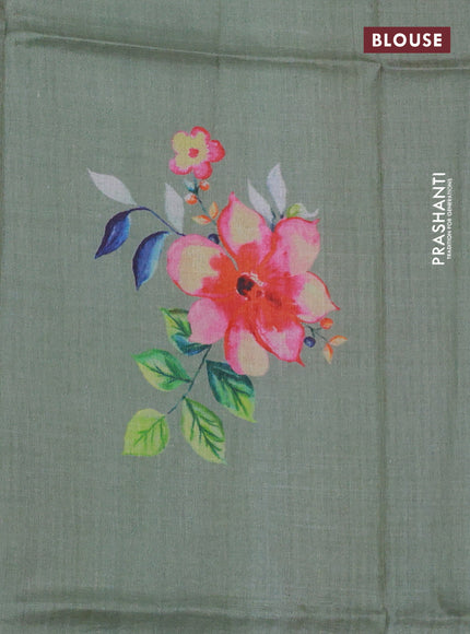 Pure tussar silk saree pastel green with floral digital prints and zari woven border