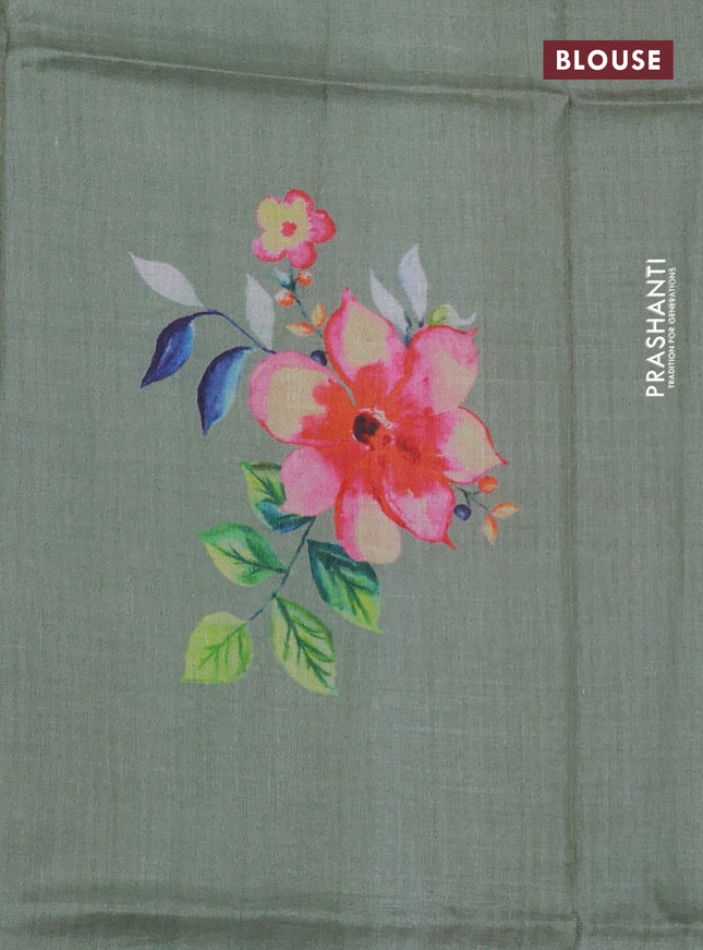 Pure tussar silk saree pastel green with floral digital prints and zari woven border